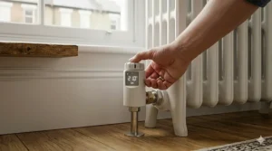 A close-up of a hand turning the dial on a smart radiator valve to manually boost the heat to 21.0°C, with a British street view in the background.