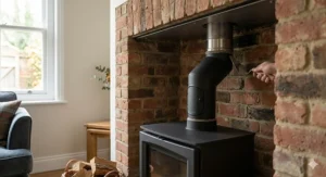 A contemporary freestanding cylindrical multifuel stove on a slate hearth in a modern open-plan home with bifold doors.