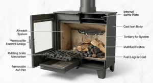 A detailed technical cross-section of a multifuel stove showing the internal baffle plate, riddling grate mechanism, and removable ash pan.