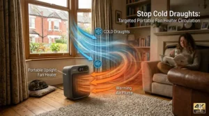 A portable upright fan heater placed near a window to circulate warm air and combat cold draughts in a British flat.