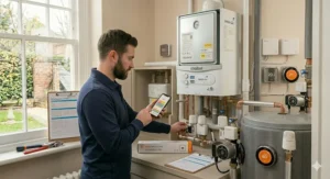 A qualified heating engineer checking the wiring of a smart thermostat receiver near a UK gas meter and boiler.