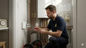A Gas Safe registered engineer in a navy polo shirt installing a smart thermostat wall plate next to a modern boiler and copper pipework in a British utility cupboard.
