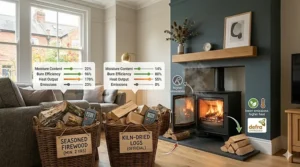 Comparison of seasoned firewood and kiln-dried logs with moisture content indicators for efficient burning in DEFRA approved stoves.