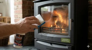 A 5kW multifuel stove being measured with a metal tape measure to demonstrate its compact size for standard British fireplaces.