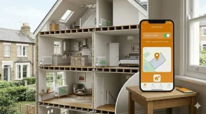 A split-view illustration showing a smartphone app triggering Eco Mode as the resident leaves the geofenced area of their British home.