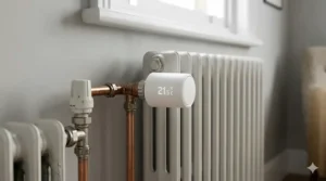 A high-detail photograph of a smart thermostatic radiator valve (TRV) with a digital temperature display, installed on a traditional white column radiator in a UK household.
