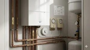 A photorealistic close-up of a white UK combi boiler with copper piping, showing a smart thermostat receiver neatly wired into the system to manage central heating and hot water.