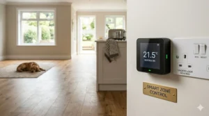 A close-up view of a smart digital underfloor heating thermostat mounted on a wall in a contemporary British home, installed next to a standard multi-gang RCD socket with an 'underfloor heating' label.