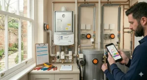 A professional engineer finishing the installation of smart controls on a hot water tank to help reduce UK energy bill costs.