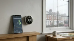 A smart thermostat and a smartphone app showing weather compensation data, with rain visible on a leaded glass window overlooking a row of British red-brick houses.