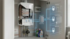 A technical illustration showing a UK combi boiler communicating with a smart hub and multiple smart radiator valve zones.