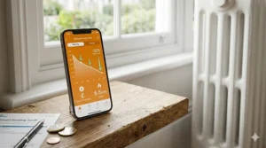 A close-up of a smartphone app showing a heating energy cost graph in pounds sterling, resting on an oak shelf next to British coins.