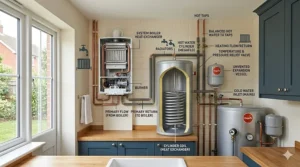 Alt text for image 3: A photorealistic diagram illustrating a system boiler connected to a floor-standing unvented hot water cylinder with a visible internal spiral heating coil.