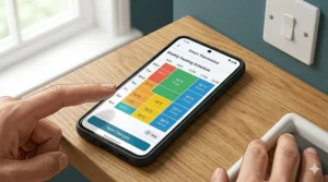 Alt text for a close-up of the Tado smartphone app being used to programme a weekly heating schedule for a UK home.