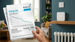 Alt text for a hand holding a British Gas energy bill showing a significant reduction in annual costs thanks to Tado smart heating.