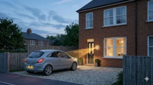 Alt text for a conceptual illustration of Tado geofencing technology detecting a car arriving at a British semi-detached house.