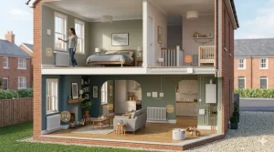Alt text for a cross-section of a two-storey British house showing Tado devices controlling temperatures in the lounge, bedroom, and nursery.