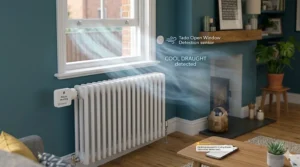 Alt text for an illustration showing a Tado smart radiator valve pausing the heating after detecting a cool draught from an open window.