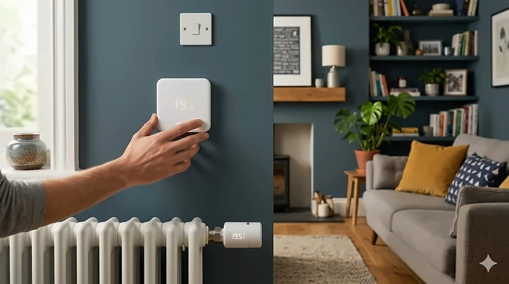 Alt text for a Tado smart thermostat and radiator valve in a modern British living room with a teal feature wall and UK plug socket. Tado smart thermostat
