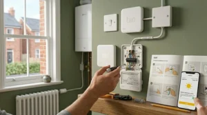 Alt text for the Tado app displaying weather adaptation features, adjusting indoor heating based on the local UK weather forecast.