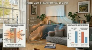 An illustration of thermal mass in a UK home, showing how infrared heat is absorbed and retained by brick walls and furniture to keep the room warmer for longer.