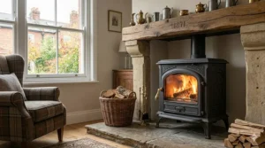 A traditional cast iron log burner featuring ornate detailing, set within a rustic stone fireplace with a reclaimed wood beam.