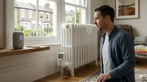 A man in a British living room using a smart speaker to adjust the temperature of a smart radiator valve via voice command.