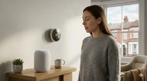 A resident in a modern UK living room using voice commands to adjust a smart thermostat via a smart speaker, with natural light hitting the wall-mounted device.