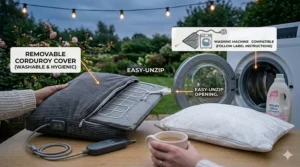 A removable grey corduroy heated cushion cover being unzipped for machine washing next to a bottle of delicate fabric detergent.