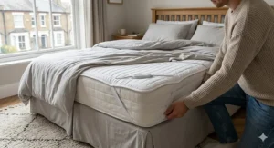 A person detaching the power cable and UK 3-pin plug from a grey heated throw before placing it in a front-loading washing machine.