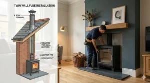 Illustration of a twin wall flue pipe installation through a roof, suitable for UK homes without a masonry chimney.