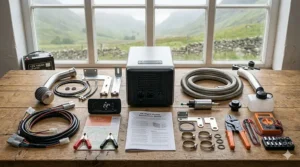 Overhead view of a 12v night heater installation kit including exhaust pipes and UK-spec wiring.
