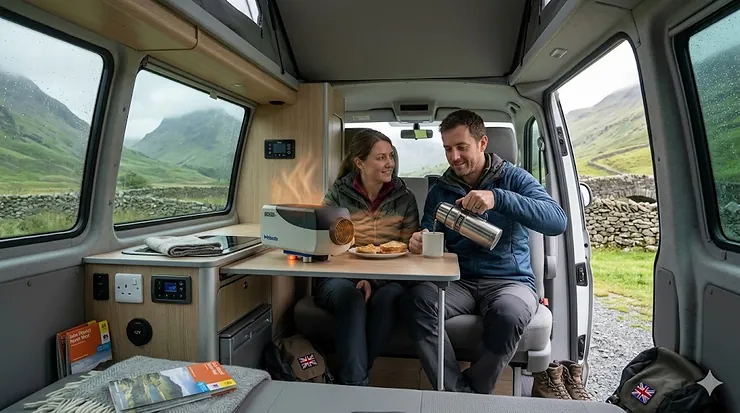 A portable 12v camping heater warming the interior of a VW campervan during a cold morning in the Peak District. 12v camping heater