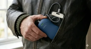 Close-up of a person sliding a compact blue rechargeable hand warmer into the breast pocket of a brown leather jacket next to their mobile phone.