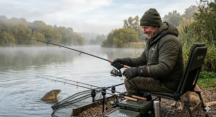 An angler holding a carp by a misty UK lake in winter, wearing the best heated gloves for fishing to keep hands warm. heated gloves for fishing