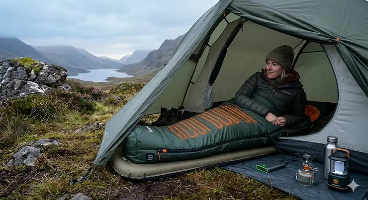 Alt text for image 1: A person smiling inside a heated sleeping bag while wild camping in the Scottish Highlands during winter. heated sleeping bag