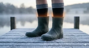 Heated electric socks keeping a fisherman's feet warm during a freezing winter morning session on a frost-covered lake bank.