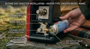 Close-up showing how to safely install a standard 227g butane gas canister into a portable heater.