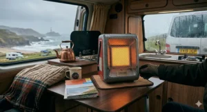 A butane-powered heater providing warmth inside a VW campervan during a British winter coastal trip.