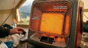 A ceramic burner plate glowing orange, demonstrating efficient heat radiation for a small caravan or tent.