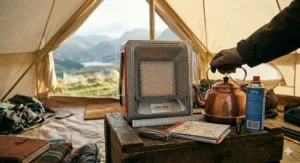 A size comparison of a butane heater next to a standard UK camping kettle to show its compact dimensions.