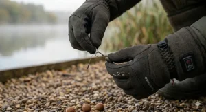 Close-up of an angler easily tying a fishing knot while wearing thin, high-dexterity heated fingerless gloves on a cold day.