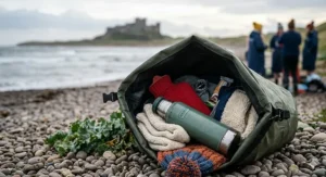 A waterproof dry bag packed neatly with a hot water bottle, thick woolly socks, a changing robe, and a flask for a UK wild swimming trip.
