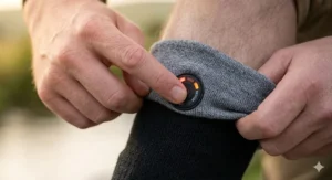 A finger pressing the LED power button on a black heated sock to change between low, medium, and high warmth modes.