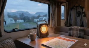 Low-wattage electric portable camping heater designed for 230V UK campsite mains hook-up points.