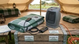 Illustration comparing the low energy draw of a 12V heated blanket versus a standard portable heater.