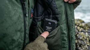 An internal view of the angling jacket showing a 10,000mAh Angler Heat power bank with a digital battery percentage display tucked into a mesh pocket.