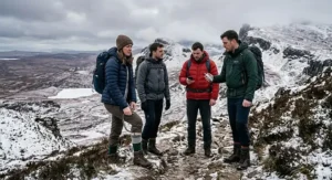 A group of ramblers enjoying a winter walk in the Scottish Highlands, highlighting the use of heated gear for extreme cold.