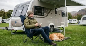 Two heated camping chairs set up under a caravan awning on a British holiday park.