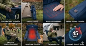 Close-up of a heated camping chair being powered by a portable USB power bank.